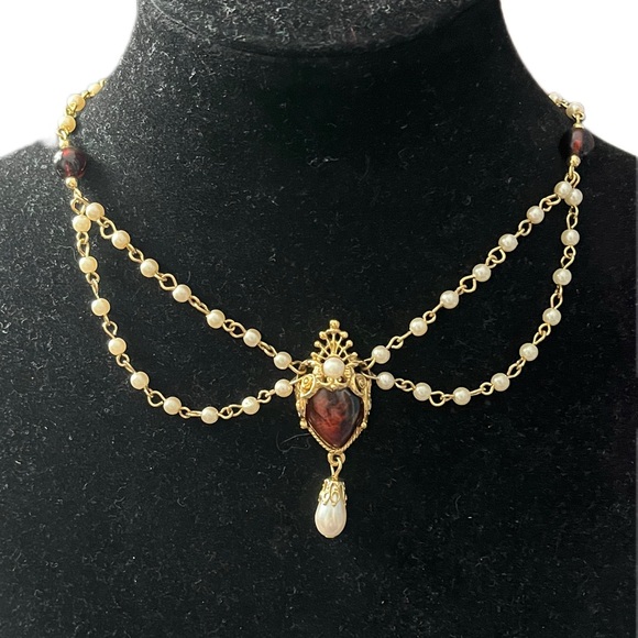 1928 Jewelry - 1928 Jewelry Vamp Crowned Heart Necklace | Victorian Sacred Heart Pearl Drop